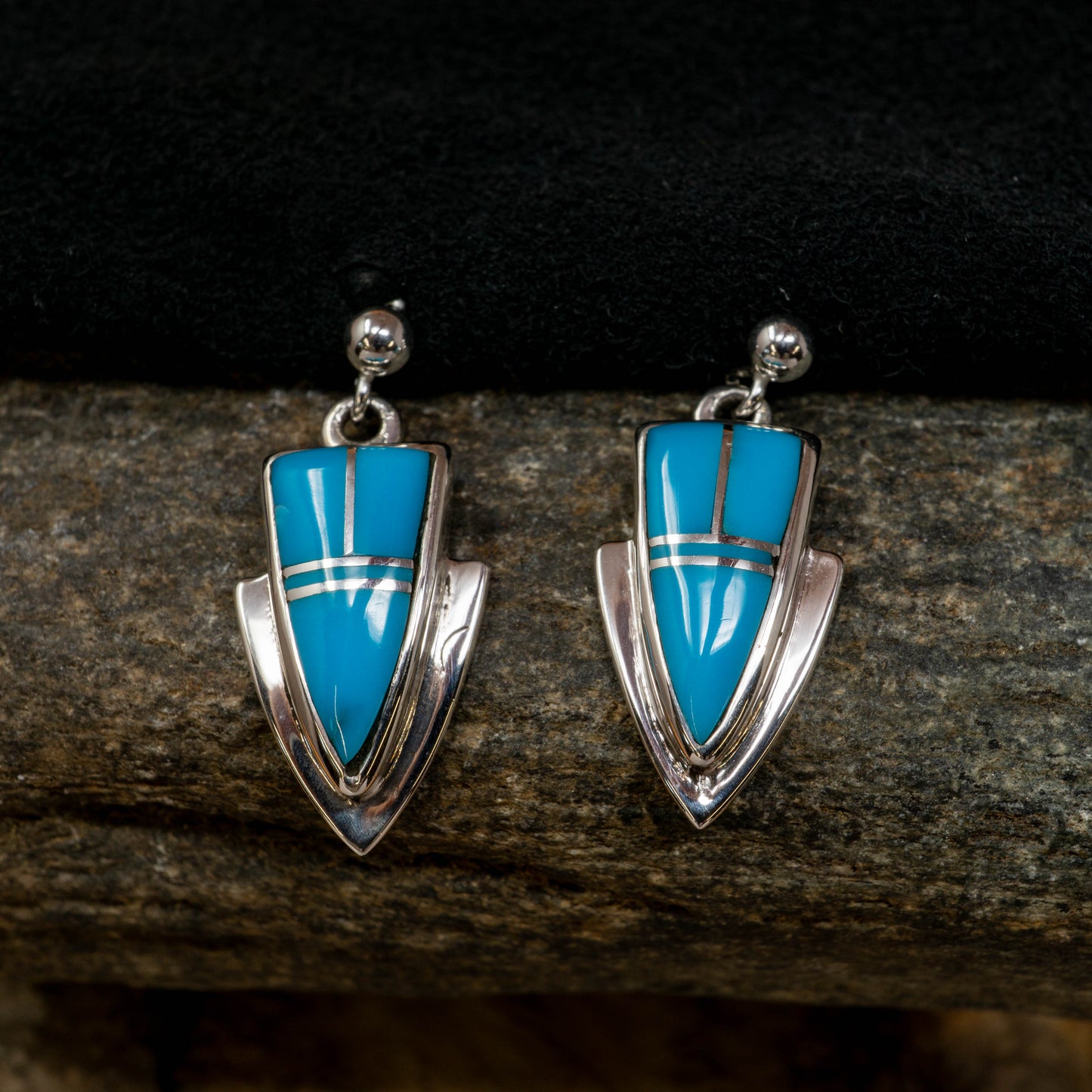 Kingman Turquoise Zuni Inlay Earrings set in Sterling Silver