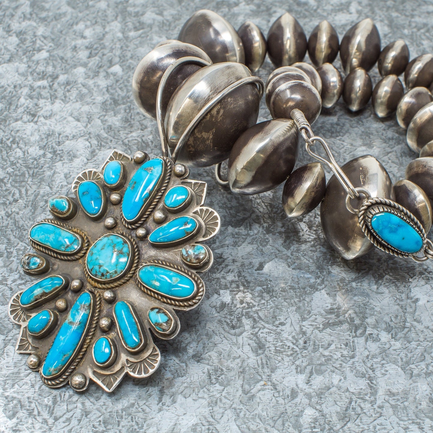 Morenci Turquoise Pendant with Navajo Pearls by Tommy Jackson