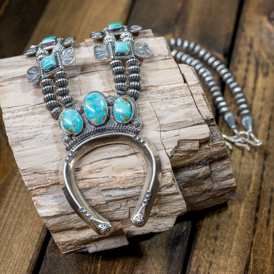 Kingman Turquoise & Sterling Silver Squash Blossom Necklace by EM Teller