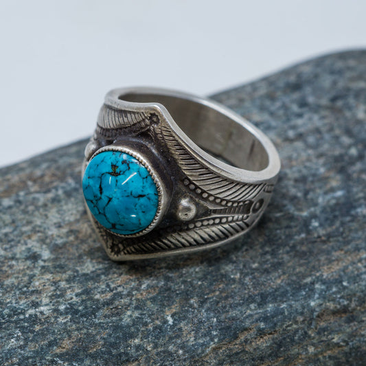 Turquoise & Stamped Sterling Silver Ring Size 9