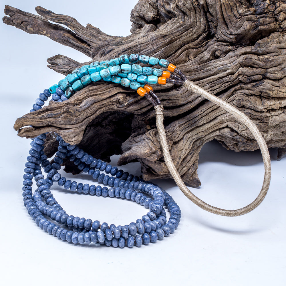 Denim Lapis, Turquoise, Olive Shell & Sponge Coral Beaded Necklace by Priscilla Nieto