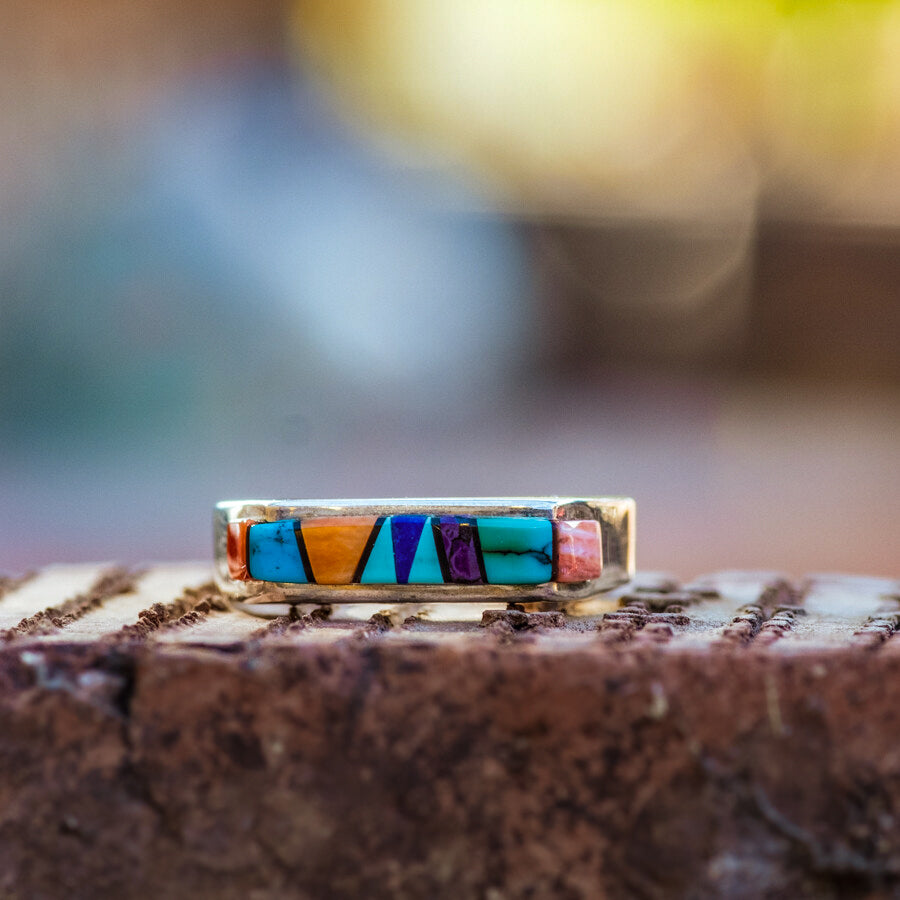 Square Native American Inlay Rings Rectangular Cobblestone Inlay