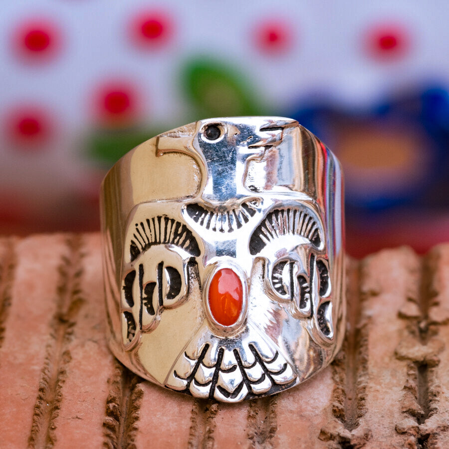 Coral & Sterling Silver Thunderbird Ring Size 9