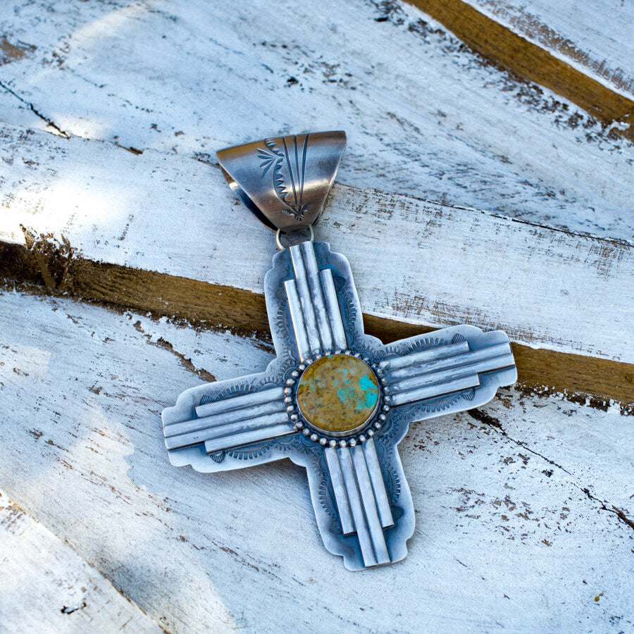 Kingman Turquoise & Sterling Silver Zia Sun Pendant