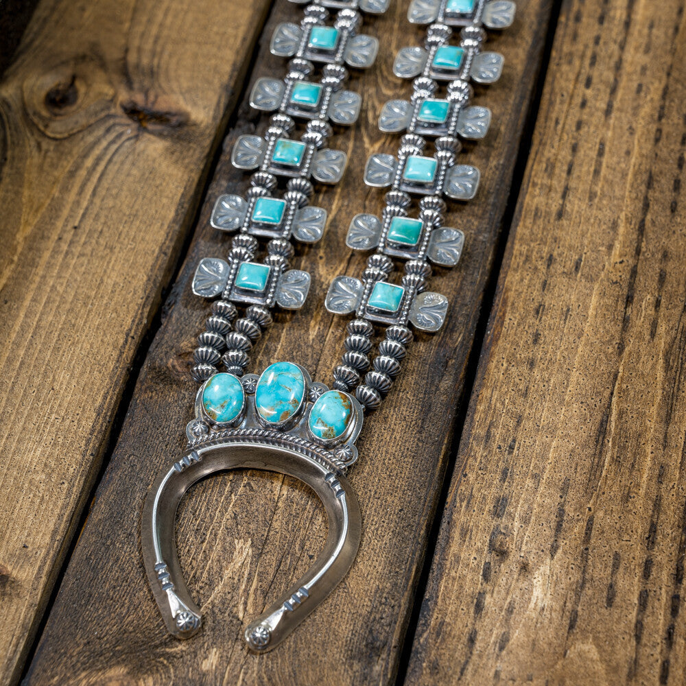 Kingman Turquoise & Sterling Silver Squash Blossom Necklace by EM Teller