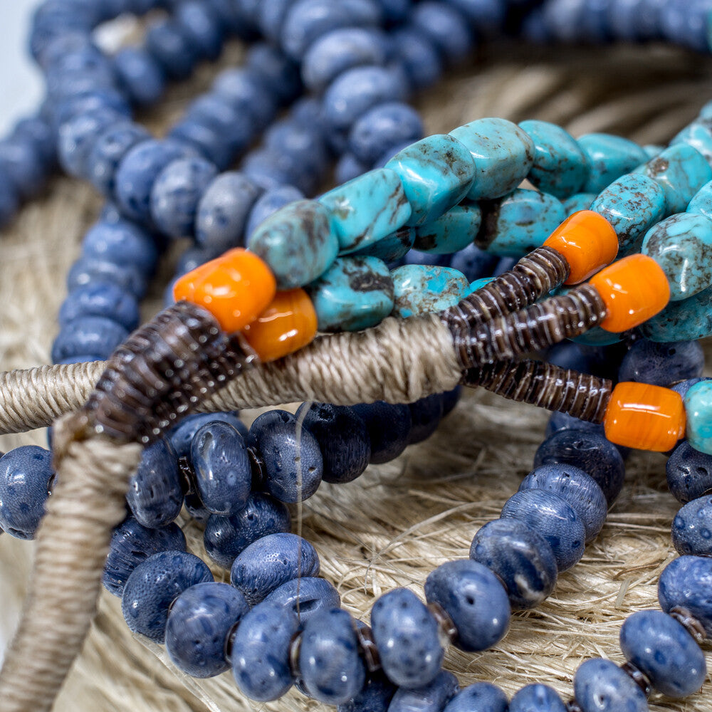 Denim Lapis, Turquoise, Olive Shell & Sponge Coral Beaded Necklace by Priscilla Nieto