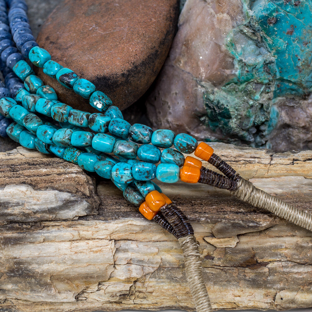 Denim Lapis, Turquoise, Olive Shell & Sponge Coral Beaded Necklace by Priscilla Nieto