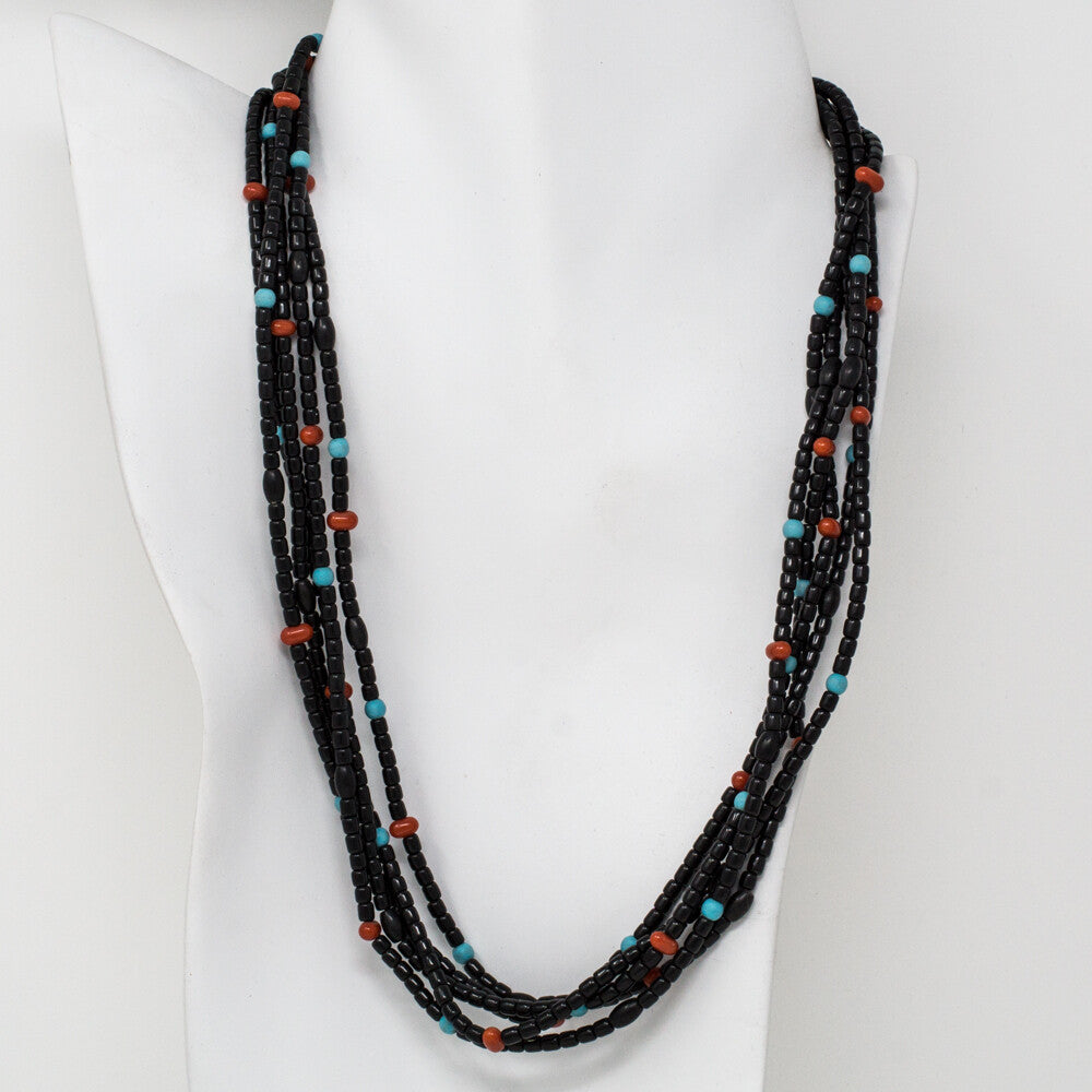 Jet, Turquoise & Bamboo Coral Beaded Necklace