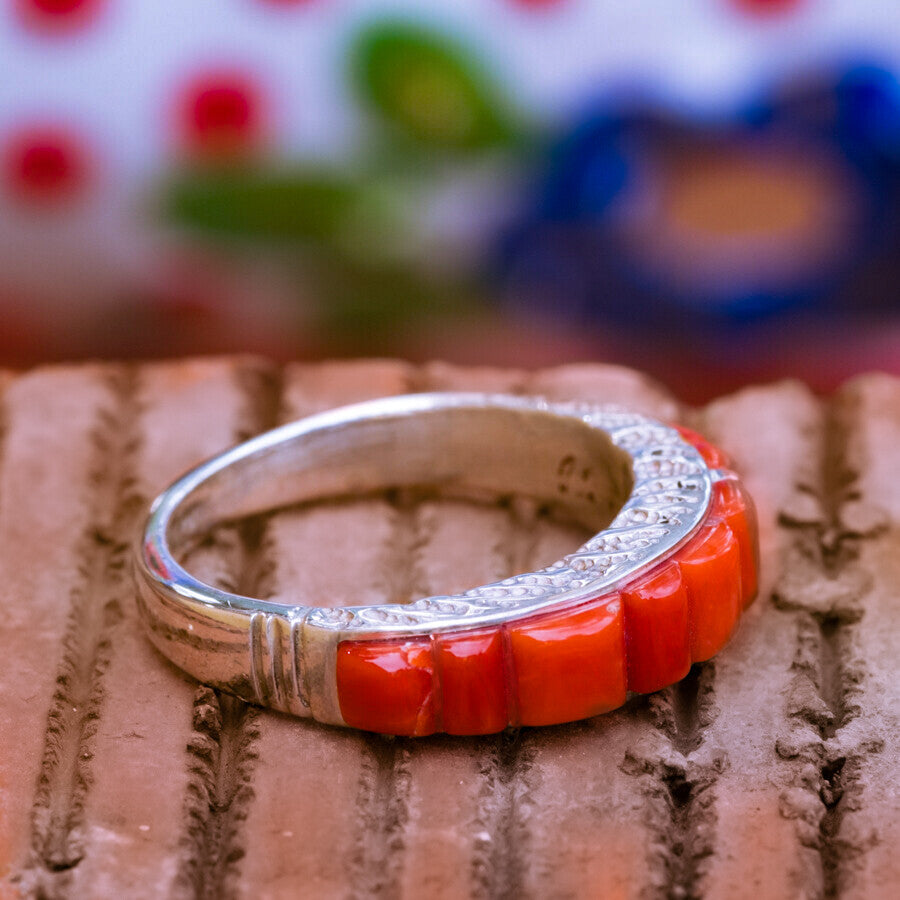 Coral & Sterling Silver Cobblestone Inlay Ring Size 9.25