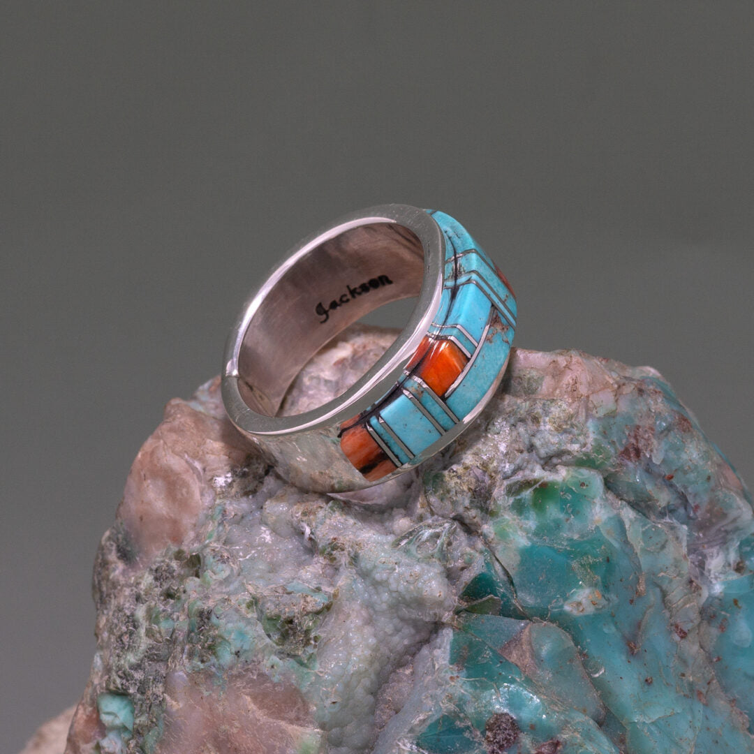 Kingman Turquoise & Spiny Oyster Mosaic Tile Ring Size 9.25 by Tommy Jackson