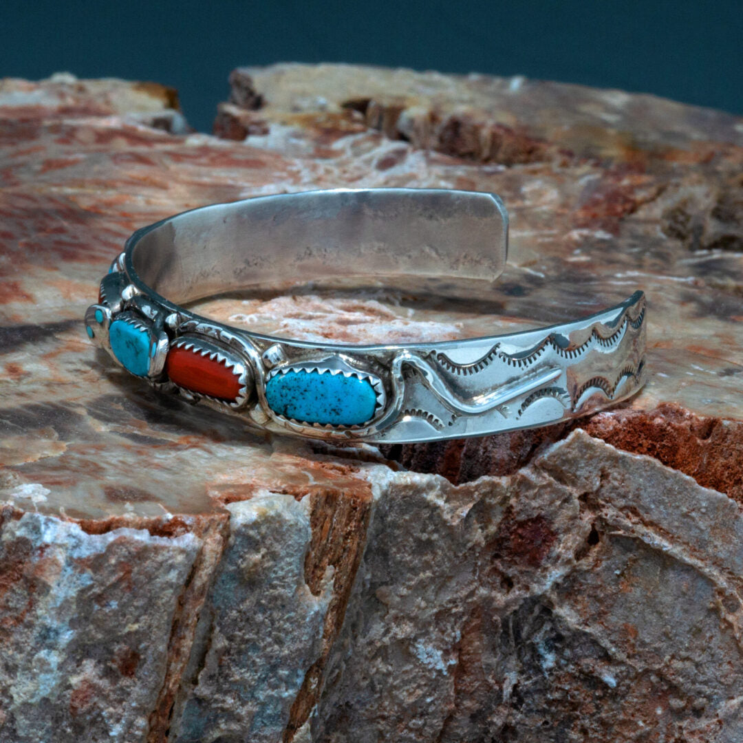 Spiny Oyster and Sleeping Beauty Turquoise Snake Eyes Cuff Bracelet by Effie Calavaza