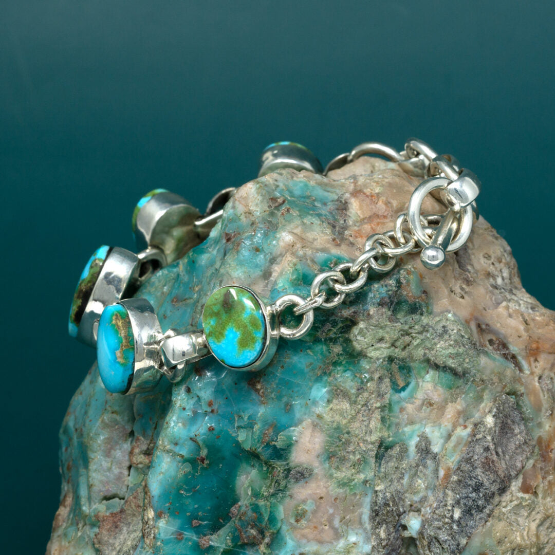 Sonoran Gold Turquoise Cabochon Polished Silver Linked Bracelet