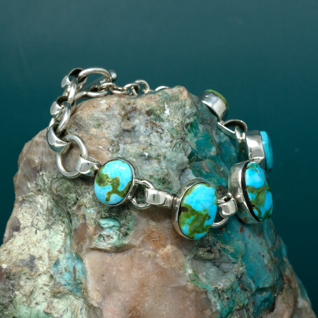 Sonoran Gold Turquoise Cabochon Polished Silver Linked Bracelet