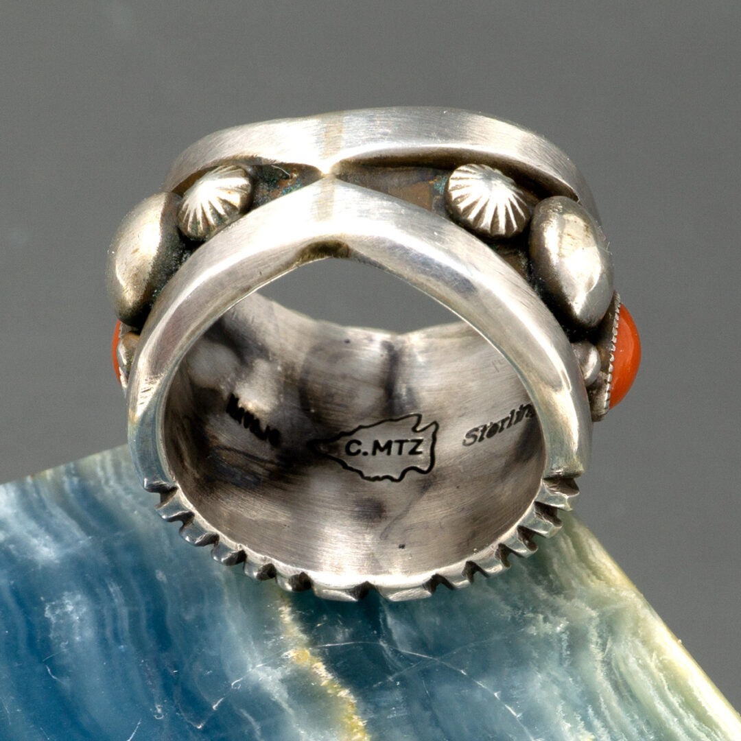 Coral Cabachon & Sterling Silver Ring by Calvin Martinez | Size 8.5