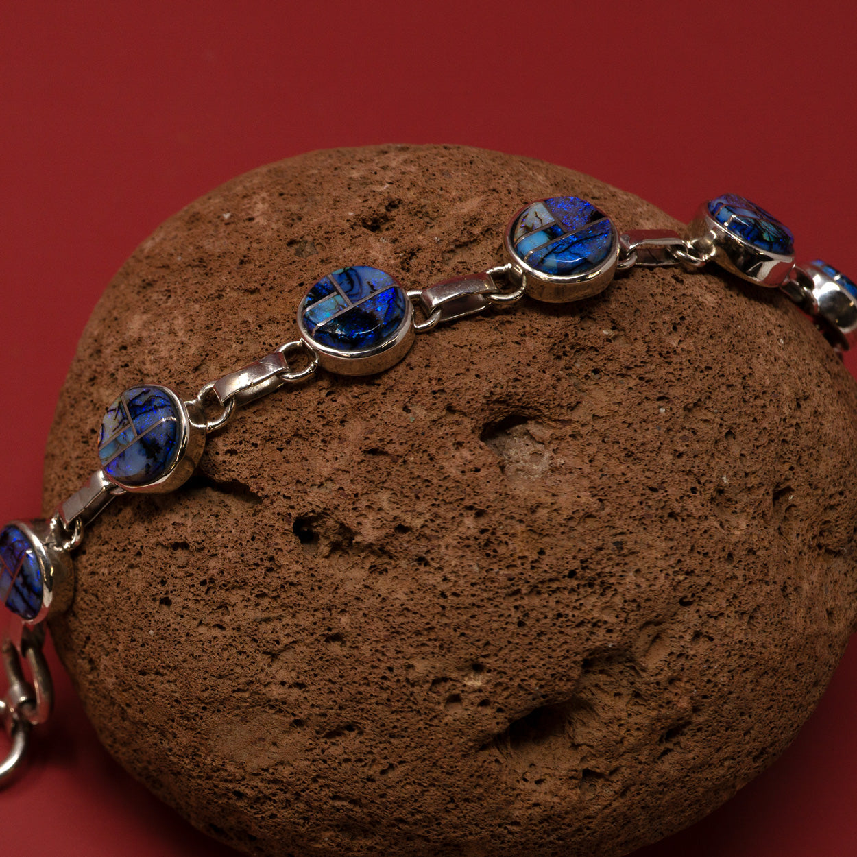 Zuni Inlay Spiderweb Opal Sterling Silver Linked Bracelet