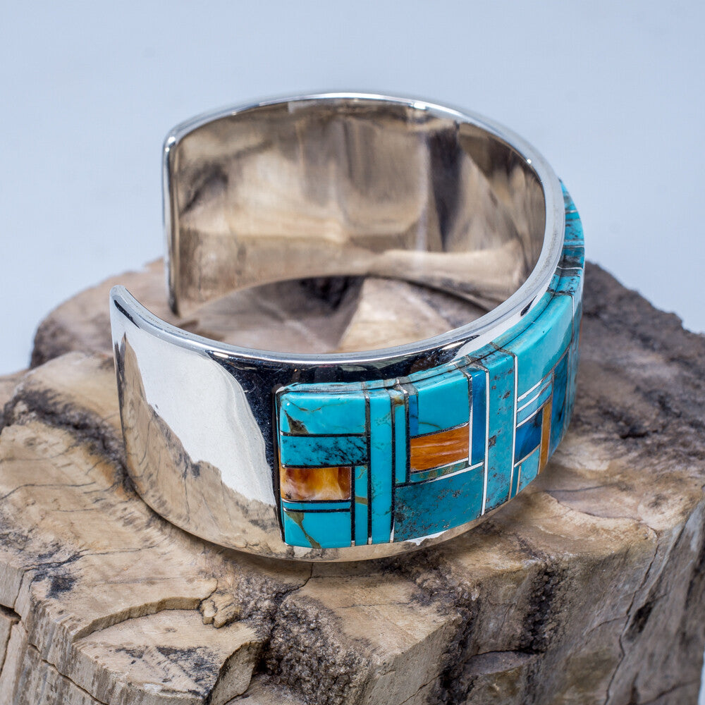 Sleeping Beauty & Kingman Turquoise Inlay Cuff Bracelet by Marie Jackson