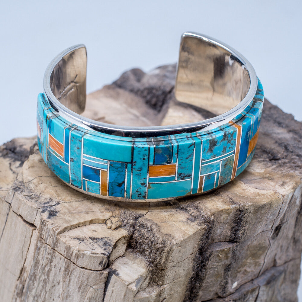 Sleeping Beauty & Kingman Turquoise Inlay Cuff Bracelet by Marie Jackson