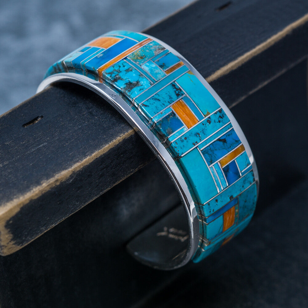 Sleeping Beauty & Kingman Turquoise Inlay Cuff Bracelet by Marie Jackson