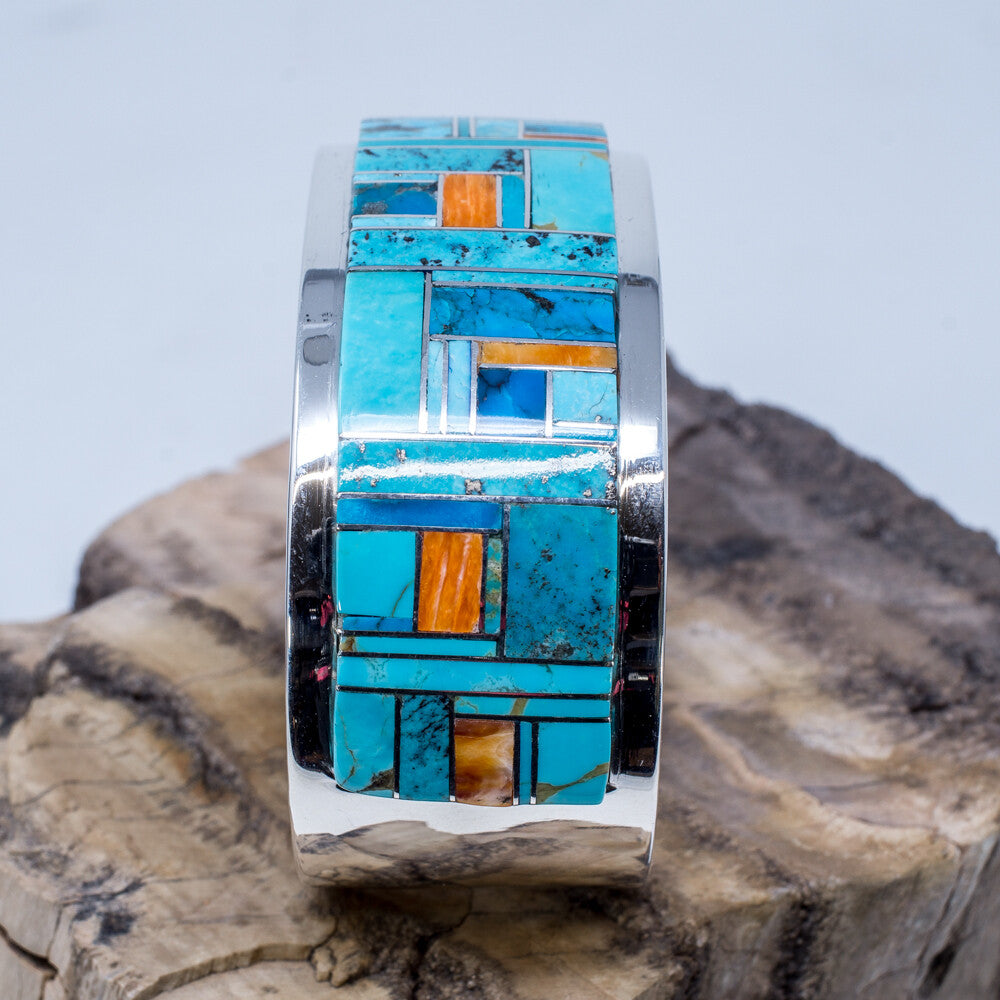 Sleeping Beauty & Kingman Turquoise Inlay Cuff Bracelet by Marie Jackson