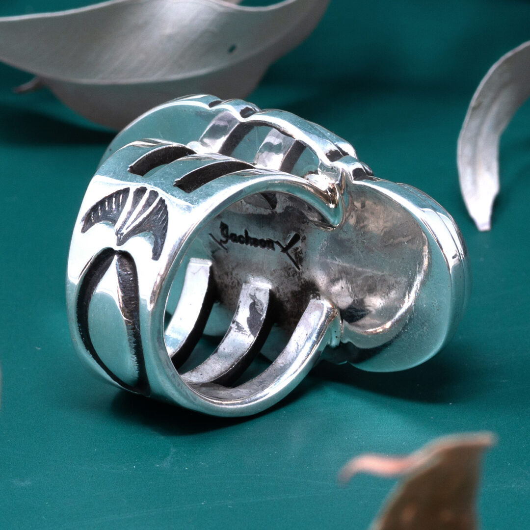 Sonoran Gold Turquoise & Coral Ring with Stamped Silver Band | Tommy & Marie Jackson | Size 8