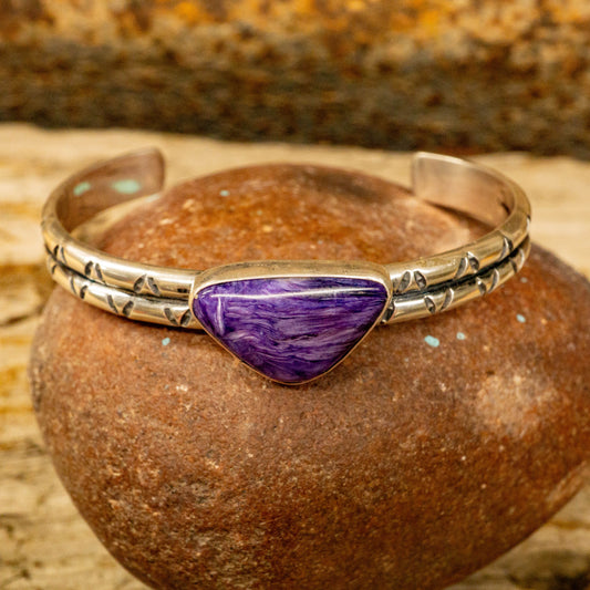 Charoite & Stamped Sterling Silver Cuff Bracelet