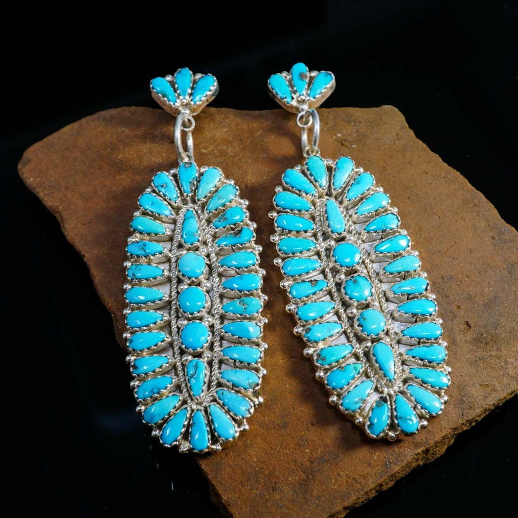 Old Sleeping Beauty Turquoise in Sterling Silver Cluster Dangle Earrings