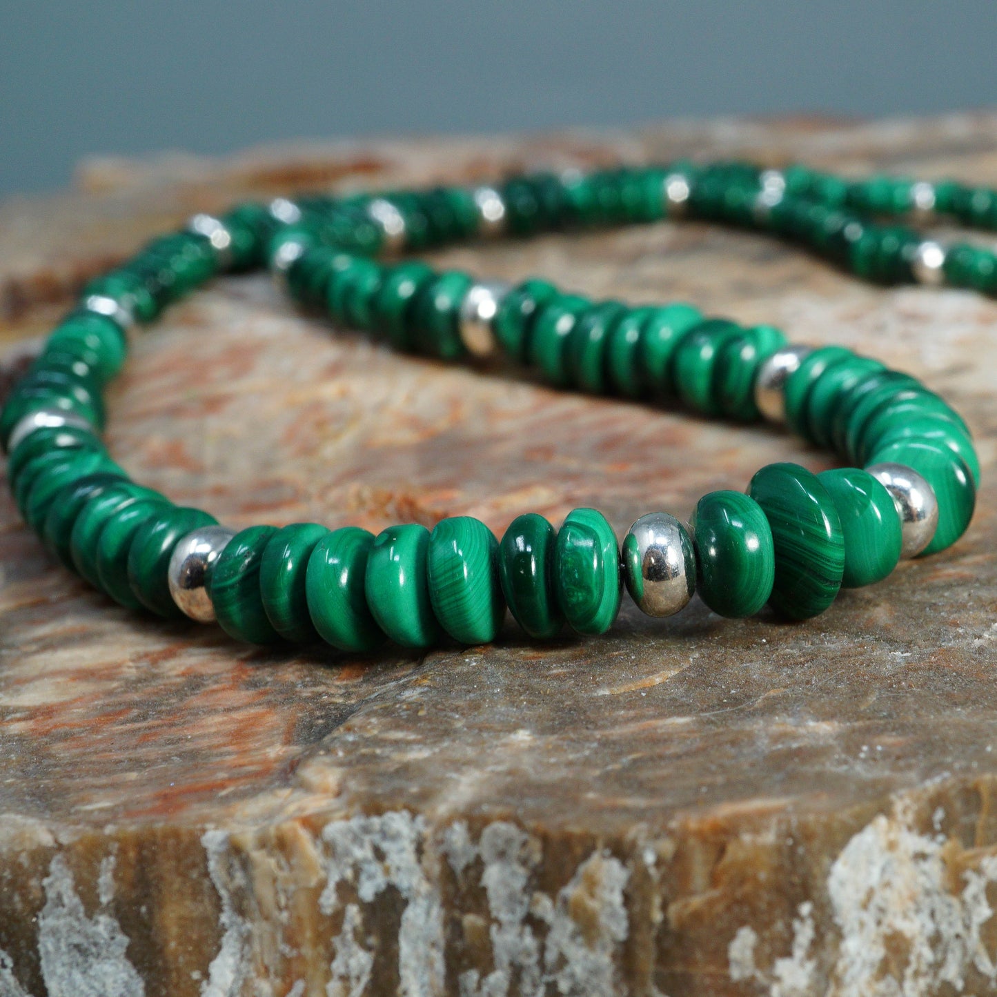 Malachite and Sterling Sliver Bead Necklace