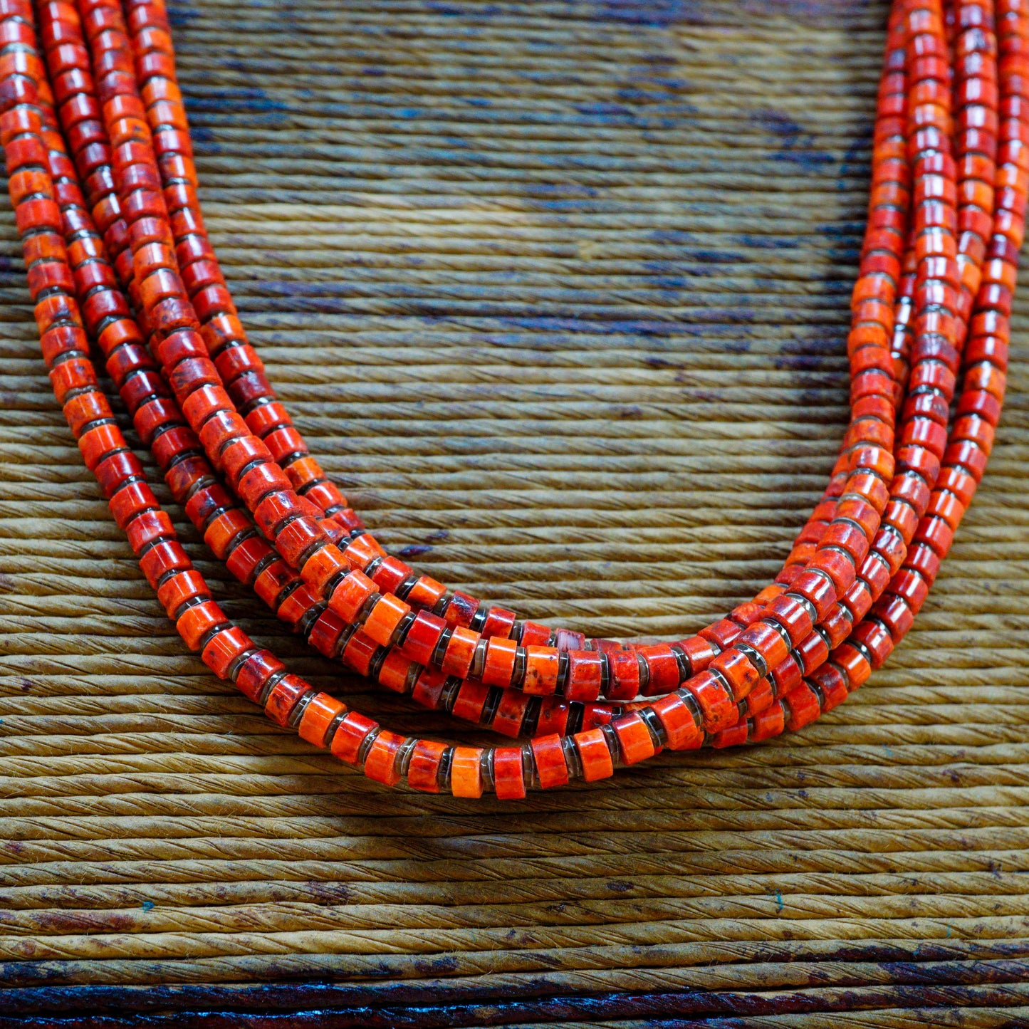5-Strand Orange & Red Spongeless Coral with Olive Shell Necklace