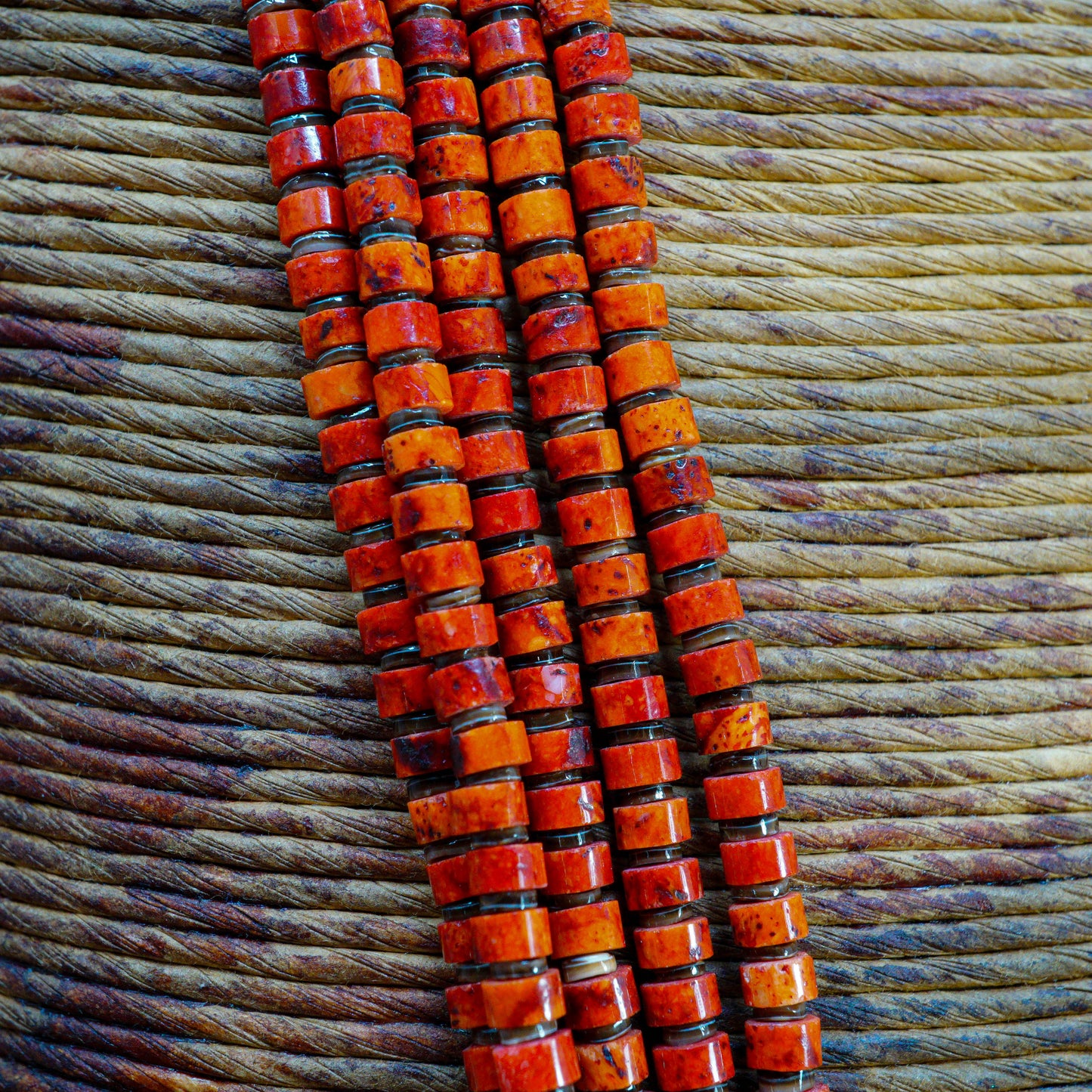 5-Strand Orange & Red Spongeless Coral with Olive Shell Necklace