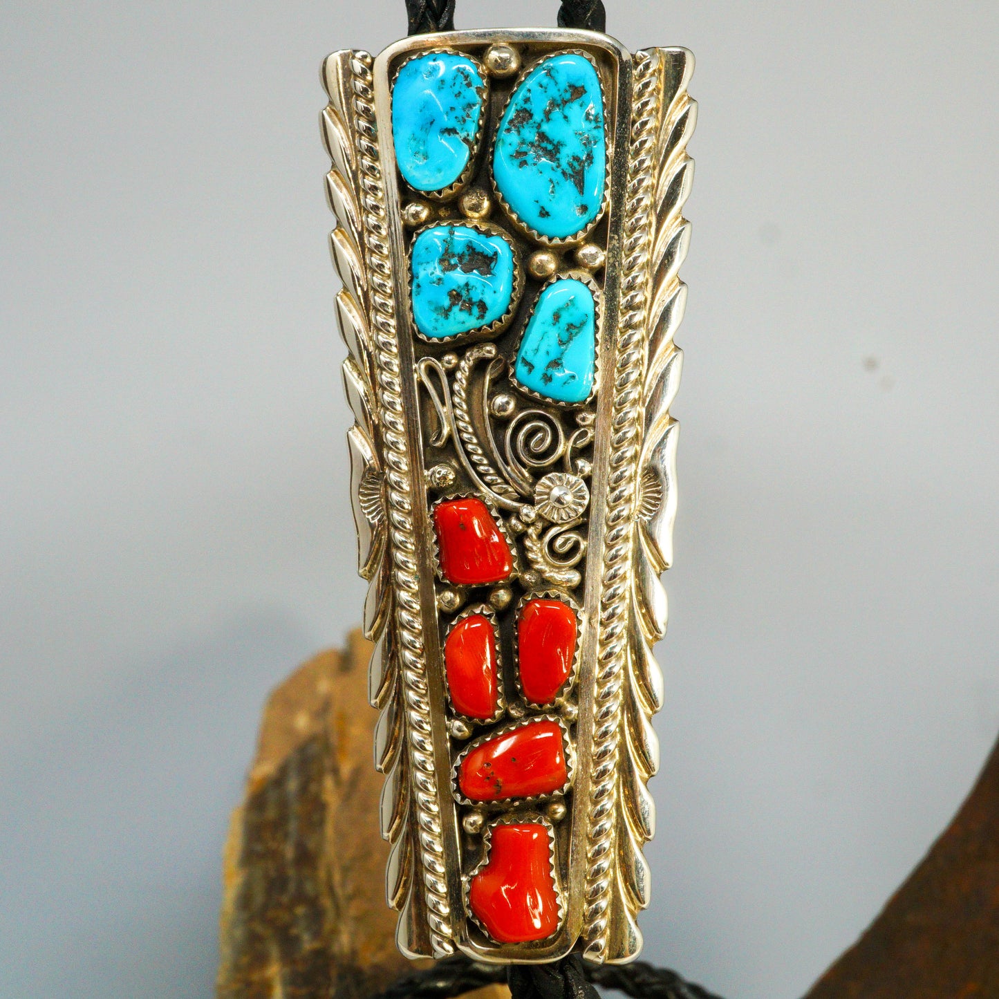 Sleeping Beauty & Coral Sterling Silver Bolo Tie