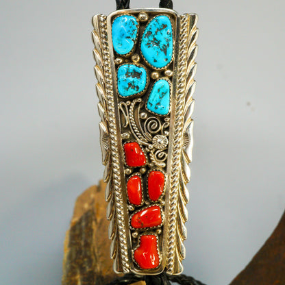 Sleeping Beauty & Coral Sterling Silver Bolo Tie