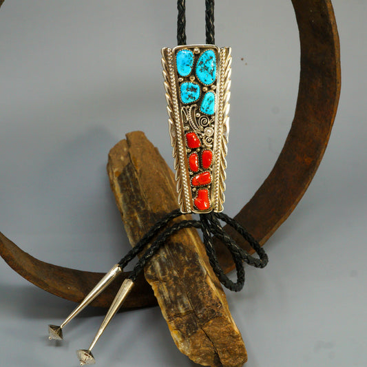 Sleeping Beauty & Coral Sterling Silver Bolo Tie