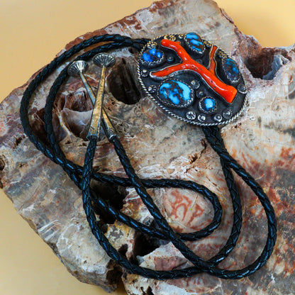 Antique Bisbee Turquoise & Red Coral Bolo Tie