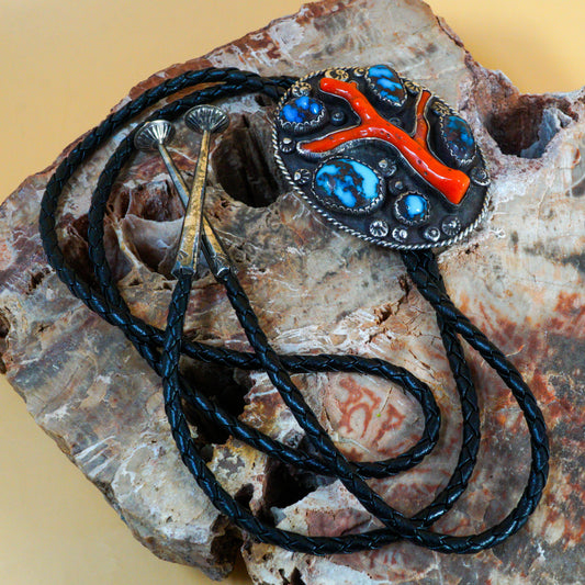 Antique Bisbee Turquoise & Red Coral Bolo Tie