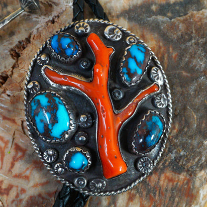 Antique Bisbee Turquoise & Red Coral Bolo Tie
