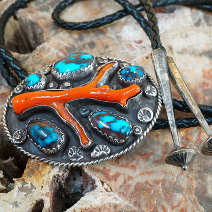 Antique Bisbee Turquoise & Red Coral Bolo Tie