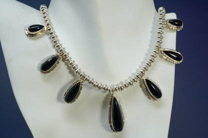 Sterling Silver Navajo Pearls & Onyx Necklace with Earrings