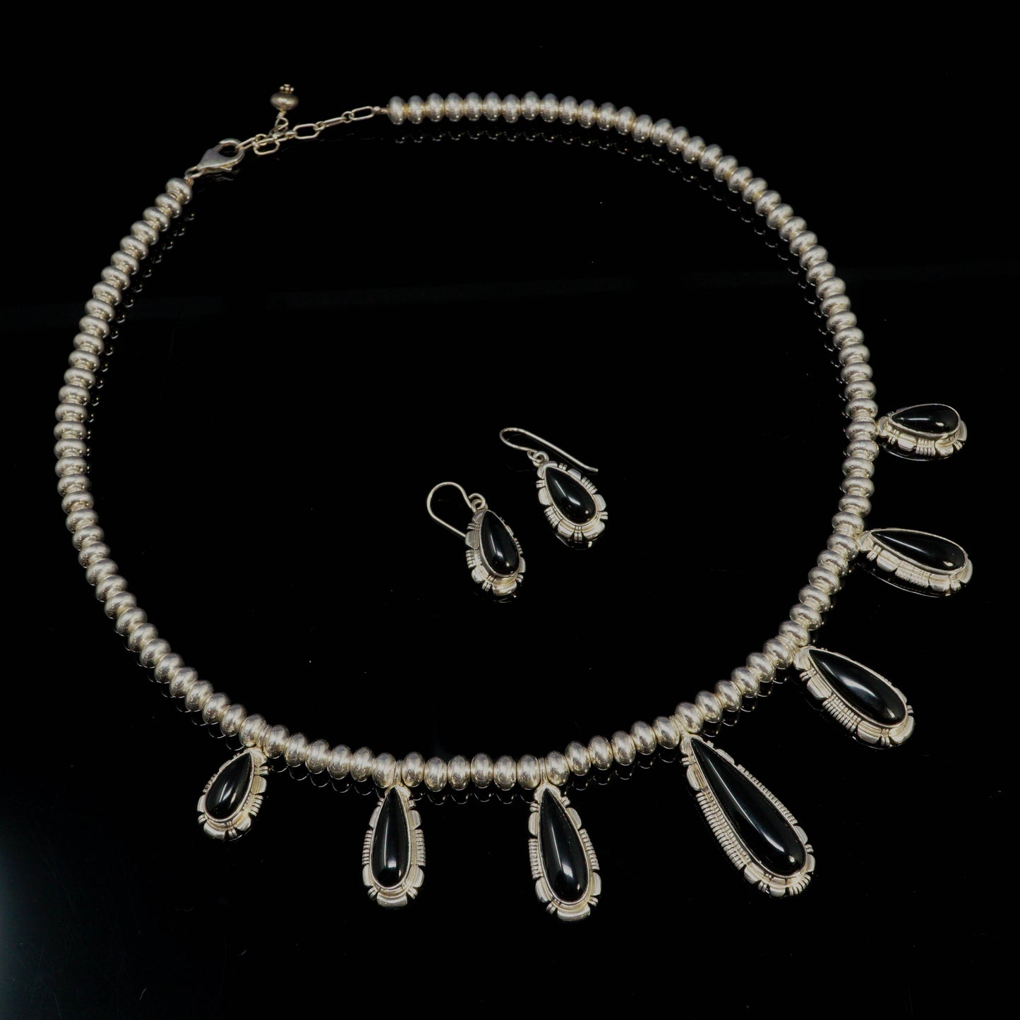 Sterling Silver Navajo Pearls & Onyx Necklace with Earrings