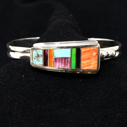 Multistone & Spiny Oyster Inlay Polished Silver Cuff Bracelet