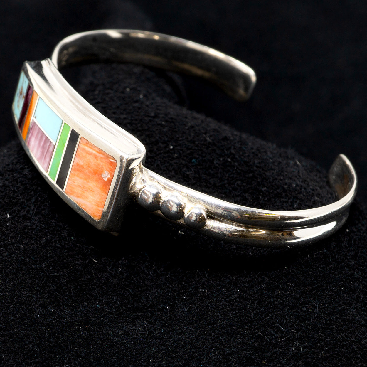 Multistone & Spiny Oyster Inlay Polished Silver Cuff Bracelet