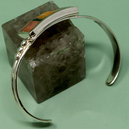 Spiny Oyster Shell Zuni-Style Inlay Polished Silver Cuff Bracelet