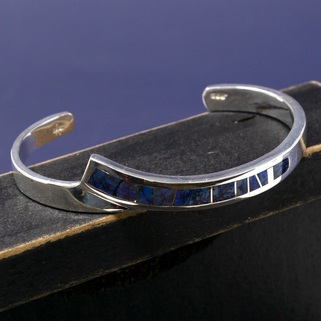 Purple Spiderweb Opal Zuni-Style Inlay Polished Silver Curved Cuff Bracelet