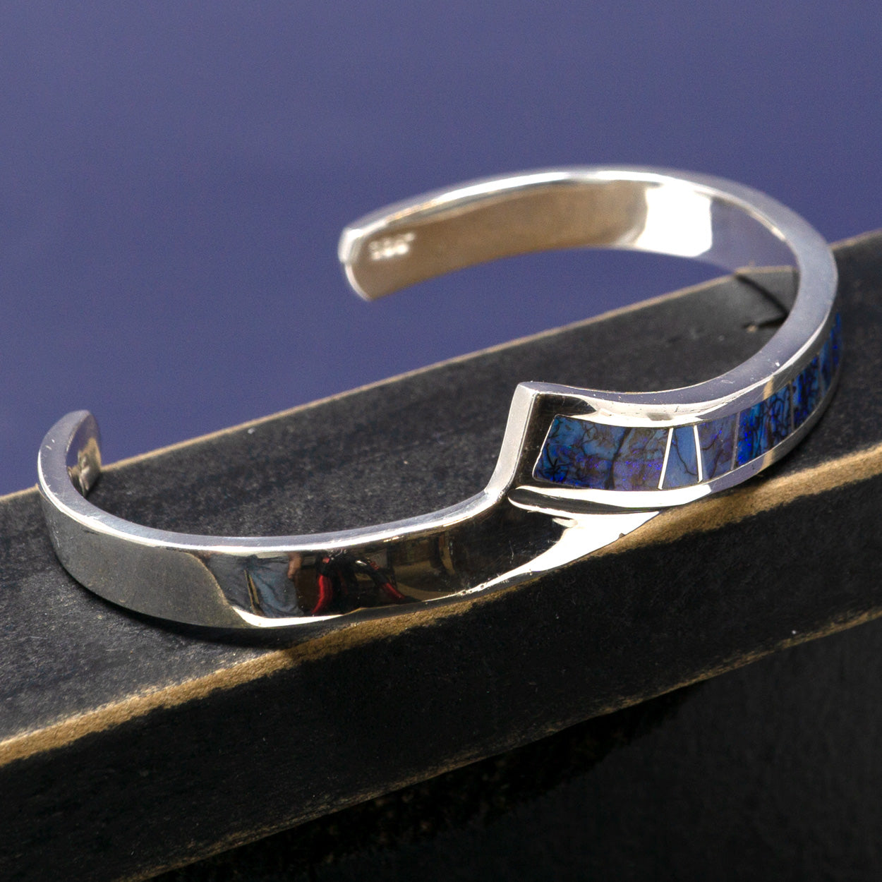 Purple Spiderweb Opal Zuni-Style Inlay Polished Silver Curved Cuff Bracelet