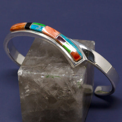 Multistone & Spiny Oyster Zuni-Style Inlay Polished Silver Curved Cuff Bracelet
