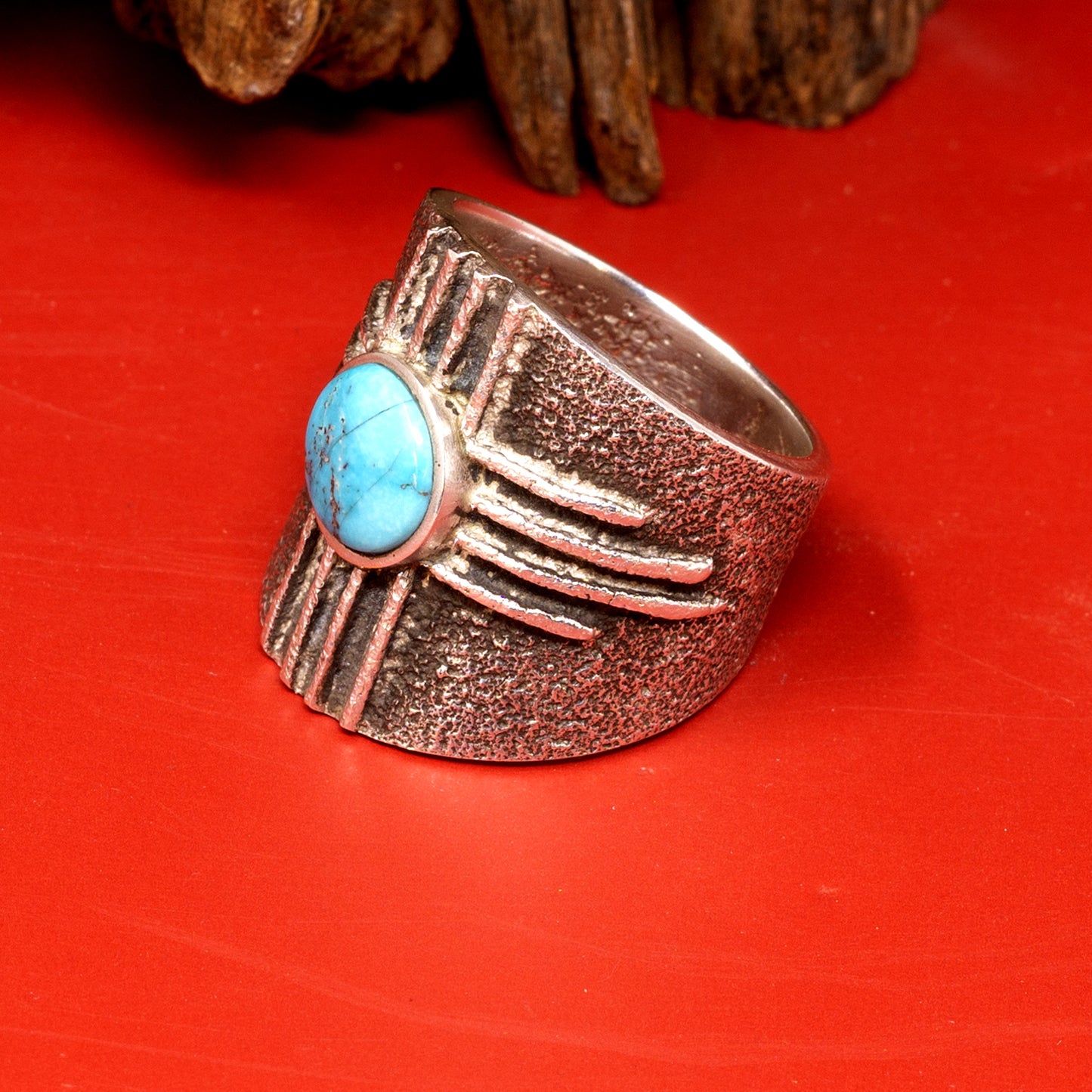 Turquoise Cabochon Zia Pattern Cast Sterling Ring | Size 6.5