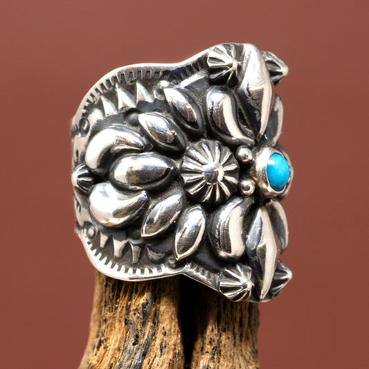 Turquoise Set in Ornate Silver Ring | Size 8.5