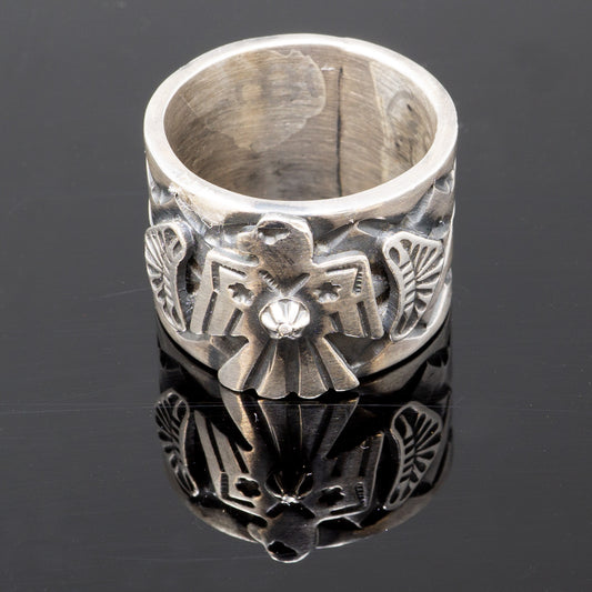 Overlay and Stamped Silver Thunderbird Ring | Size 8.5