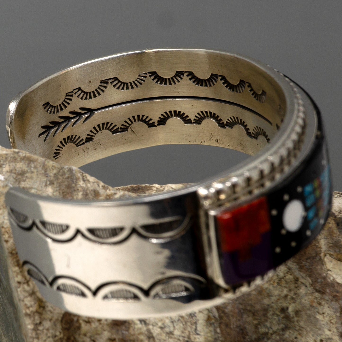 Starry Night Intricate Inlay on Stamped Silver Bracelet - Sylvana Apache