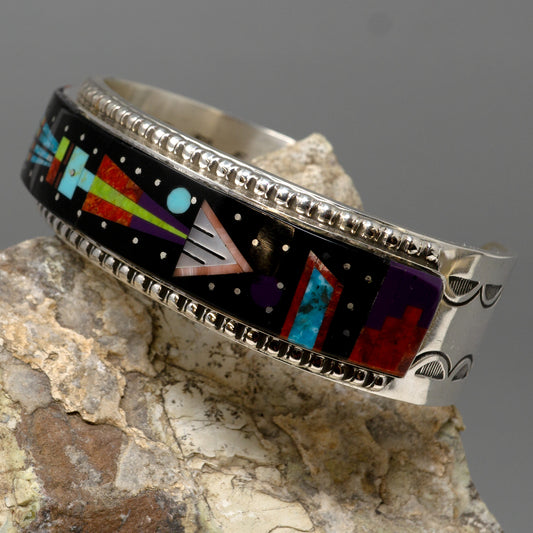Starry Night Intricate Inlay on Stamped Silver Bracelet - Sylvana Apache