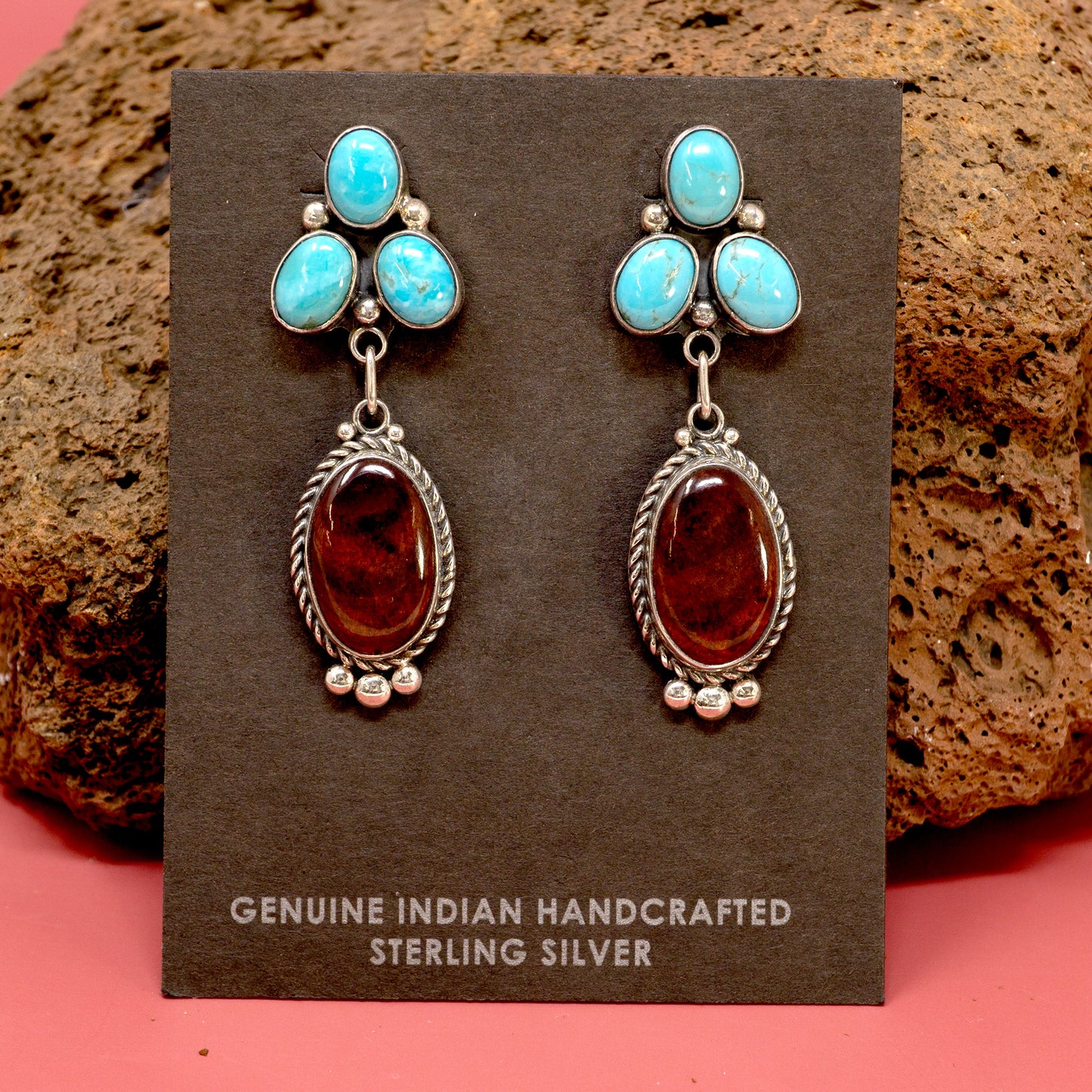 Kingman Turquoise, Spiny Oyster Earrings in Classic Silver Setting